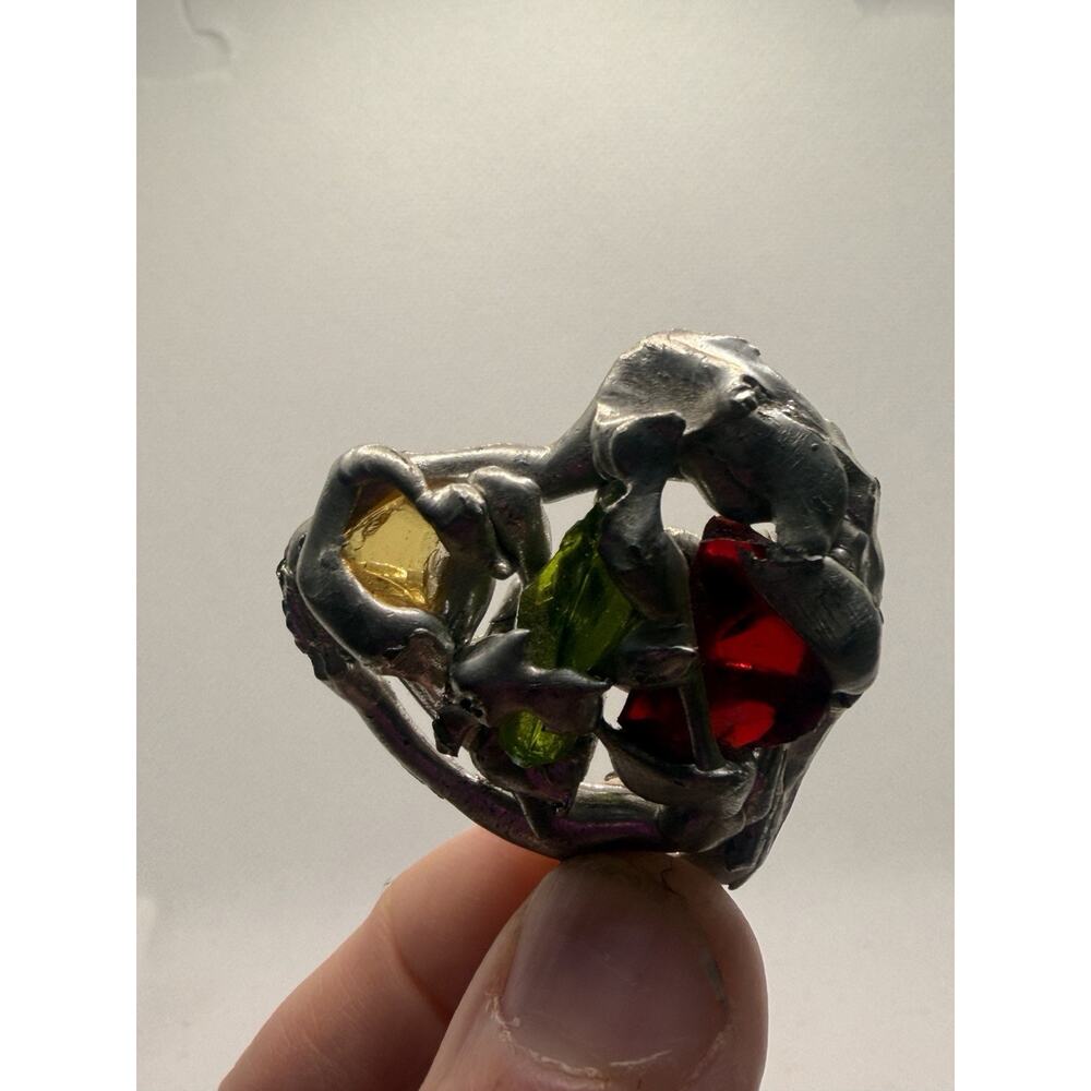 Vintage Silver Tone Brutalist Brooch, Artisan MCM Pin W/ Poured Glass Stones